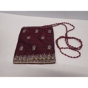 MOYNA Crossbody Beaded Small Bag in Red Silk Taffeta & with silver, gold accents